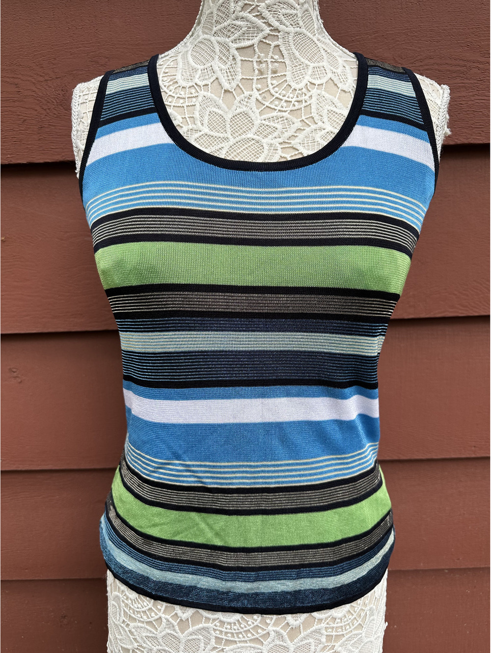 Charter Club Striped Knit Tank Top Blue Green Casual Summer